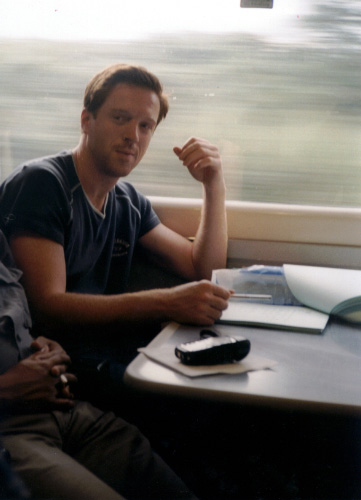 Sept. 2, 2002 - Damian on a train to Manchester. Thanks to Anneka!

